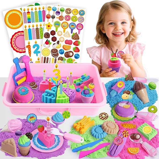 Cake & Ice Cream Sensory Bin Sand Toy, Sand Kit Sensory Toys w/lid and 4 Color Magic Sand 2.2lbs, Molds, Tools Set 43pcs Total for Toddlers, Fun Gift for Kids 3+
