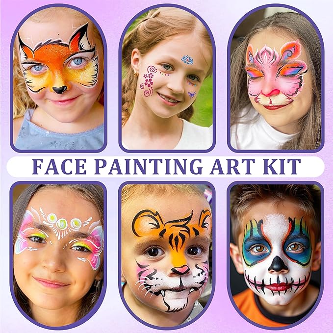 42 Colors Kids Face Painting Kit,Non Toxic Water Activated Face Paint Palette with 5 Reusable & 45 Sticky Stencils,11 Brushes,2 Gems.Ideal for Mardi Gras,Halloween,Christmas,makeup,Parties,Makeup etc.