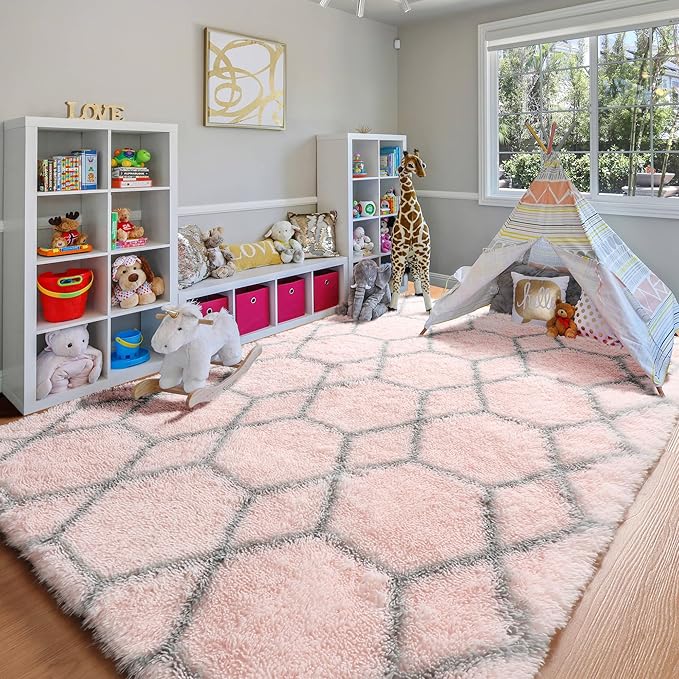 ONASAR Area Rugs for Bedroom Living Room, Washable 4x6 Fluffy Pink and Grey Throw Rug, Shaggy Geometric Soft Plush Floor Carpet for Nursery Girls Teen Playroom Dorm Home Decor Aesthetic