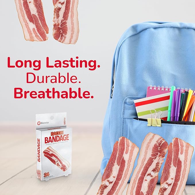 BioSwiss Bandages, Bacon Shaped Self Adhesive Bandage, Latex Free Sterile Wound Care, Fun First Aid Kit Supplies for Kids, 24 Count
