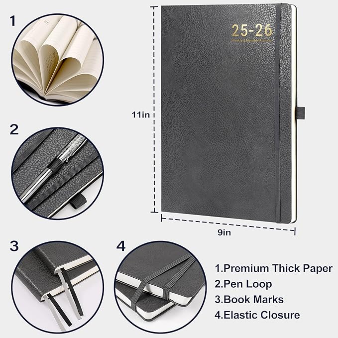Planner 2025-2026 - 2025-2026 Planner Weekly and Monthly, Jul. 2025 - Jun. 2026, 8.5" x 11", Leather Cover Planners with Thick Paper, Back Pocket with Notes Pages - Grey