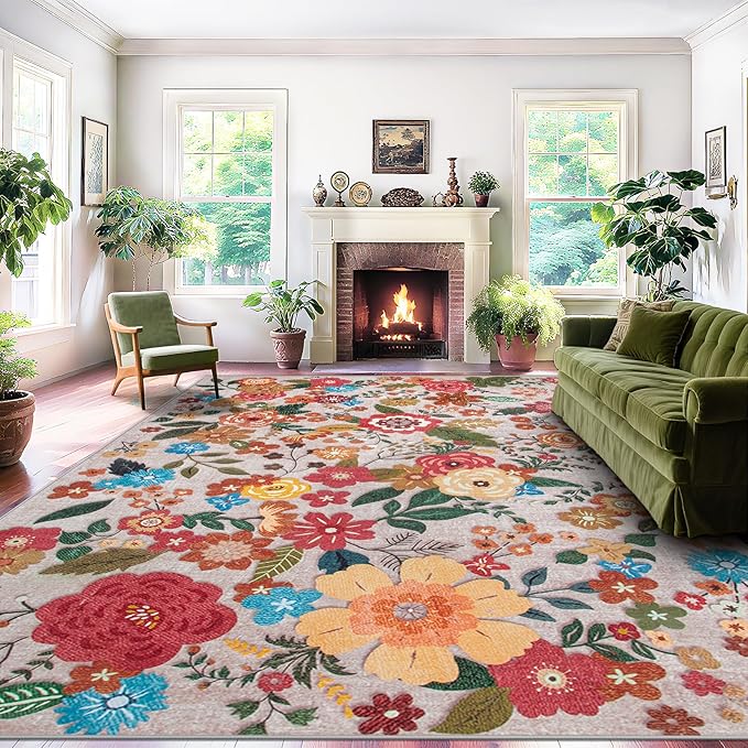 Area Rug Living Room Rugs: 5x7 Washable Rug Vintage Floral Soft Boho Non Slip Carpet Indoor Floor Non Shedding Low Pile Thin Carpets for Bedroom Dining Room Farmhouse Nursery Home Office Beige