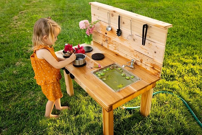 Noble Toys Mini Mud Kitchen with Functional Stovetop Sink for Kids | Pretend Play Toddler Table with Running Water | Outdoor Playset Working Sink | Real Wooden Kitchens | Preschool Equipment