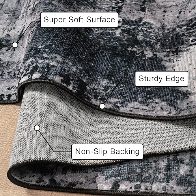 Area Rug Living Room Rug, 5x7 Modern Abstract Washable Rug Black Non Slip Foldable Faux Wool Vintage Carpet, Fluffy Non-Shedding Rugs for Living Room, Bedroom, Dining Room, Kids Playroom
