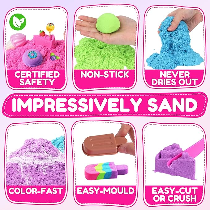 Cake & Ice Cream Sensory Bin Sand Toy, Sand Kit Sensory Toys w/lid and 4 Color Magic Sand 2.2lbs, Molds, Tools Set 43pcs Total for Toddlers, Fun Gift for Kids 3+