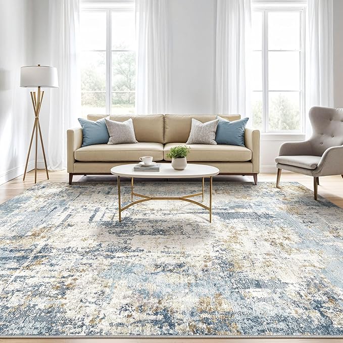 4x6 Rug Washable Area Rugs: Abstract Modern Soft Stain Resistant Indoor Floor Accent Non Slip Carpet for Living Room Entryway Kitchen Bedroom Nursery Office Bedside Home House Decor- Blue