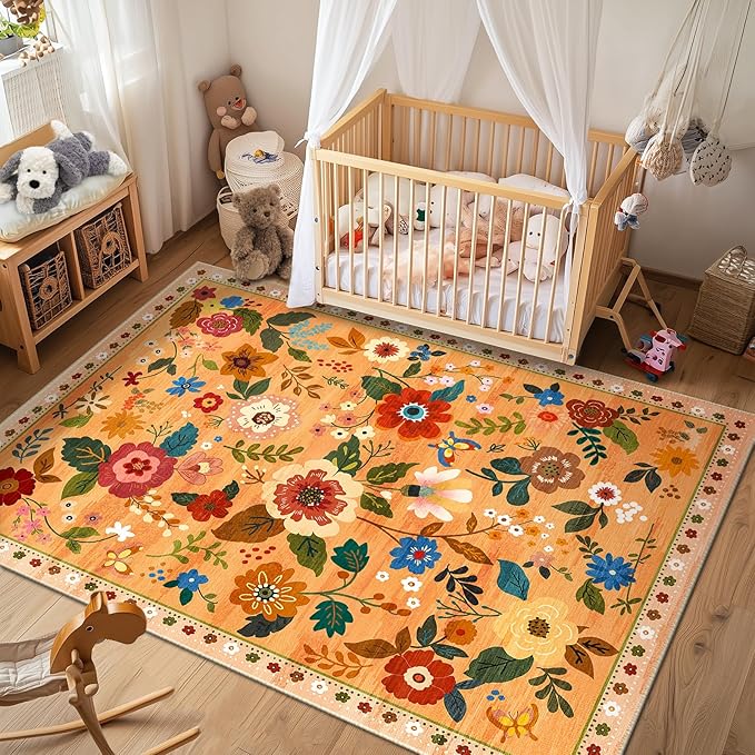 Floral 5x7 Area Rug Machine Washable Soft Print Boho Carpet Non Slip Doormat Low Pile Flower Area Rugs for Living Room Bedroom Nursery Kitchen Dining Room Indoor-Yellow/Orange