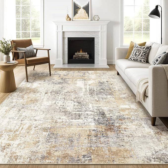 7x9 Area Rug Living Room: Machine Washable Large Abstract Modern Soft Rugs Stain Resistant Indoor Floor Non Slip Accent Carpet for Bedroom Nursery Playroom Office Dining Room Dorm Home- Gray Gold