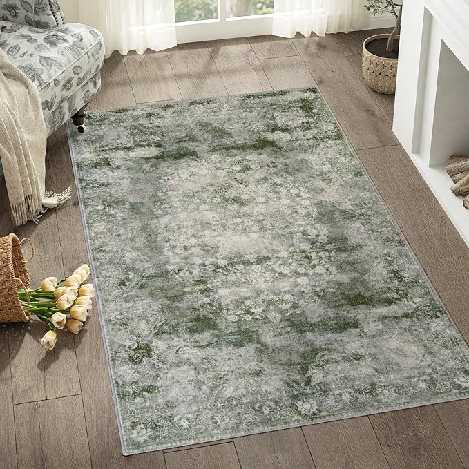 jinchan Green Floral 3x5 Area Rugs for Entryway - Machine Washable Vintage Distressed Design Low-Pile Soft Non-Shedding Carpet for Kitchen Bedside Laundry Living Room (3x5ft, Forest Green)