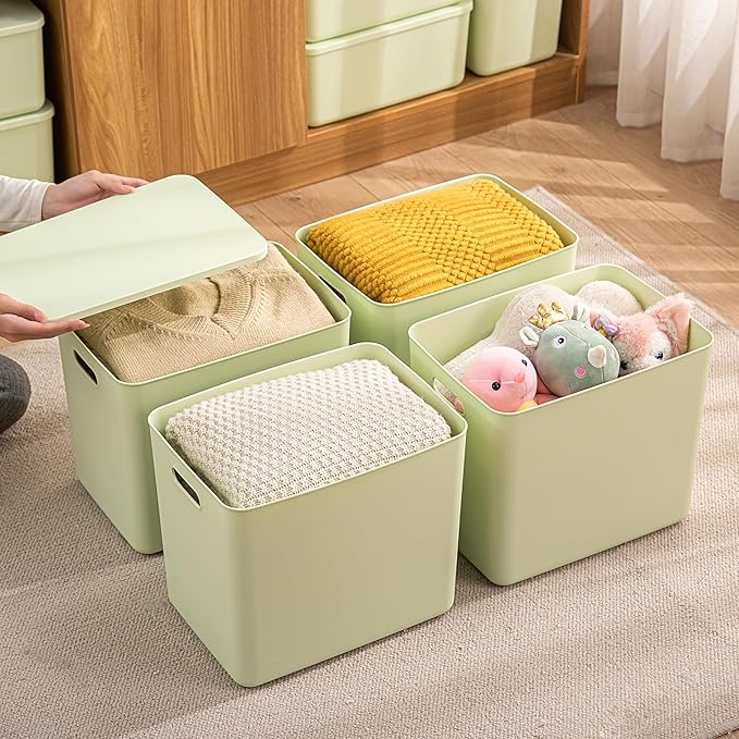 4 pack large plastic White storage bins Baskets, Toy Box Chest with Lids and Handle，Organizer Containers for Baby，Kids,snacks,Nursery，Shelves，Playroom, Bedroom，Office,Closet，home