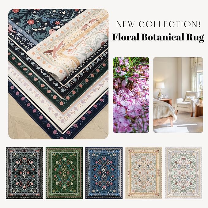 5x7 Washable Rug Vintage Floral Botanical Area Rug Non Slip Low Pile Large Rugs for Living Room, Bedroom, Farmhouse, Dining Room, Kids Playroom, Blue