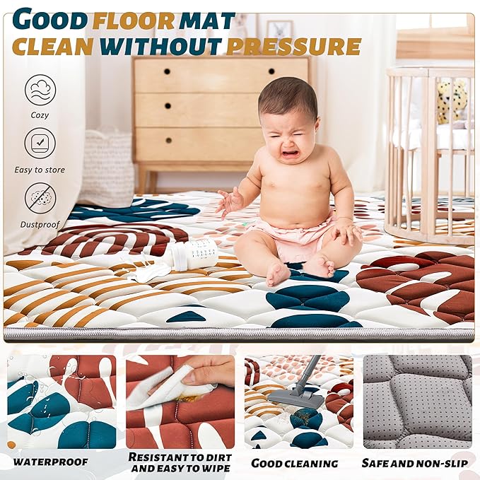 Baby Play Mats for Floor, 50x50 Playpen Mat for Babies, Extra Thicker & Soft Floor Crawling Mat, Foldable Non-Slip Playmat Cushioned for Infants Toddlers, Boho Leaf Design
