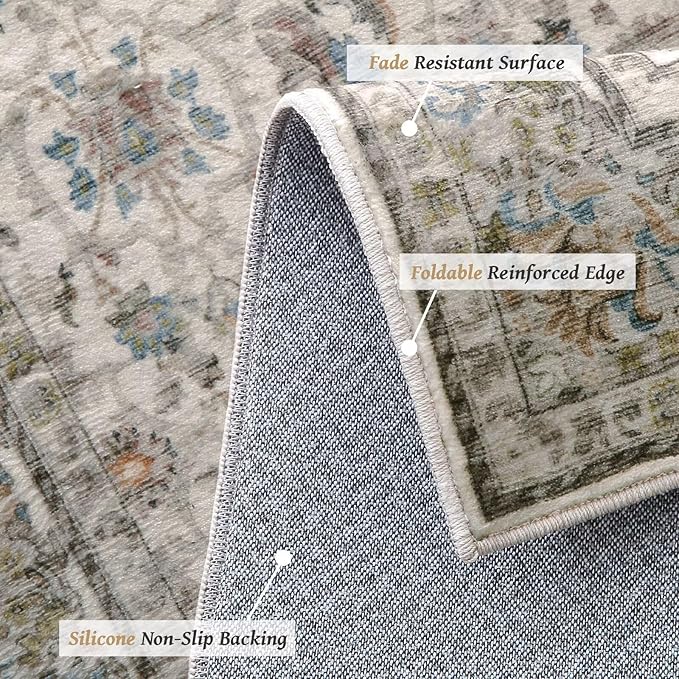 Washable 4x6 Rugs for Living Room, Boho Non-Slip Silicone Backing Small Rugs for Bedroom Nursery Office, 0.3" Neutral Oriental Throw Carpet with 0.16" Cushioning Pad, Cream/Multi