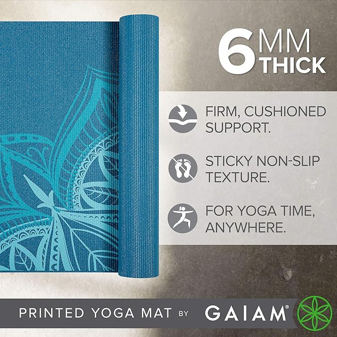 Gaiam Yoga Mat - Premium 6mm Print Extra Thick Non Slip Exercise & Fitness Mat for All Types of Yoga, Pilates & Floor Workouts (68"L x 24"W x 6mm Thick)