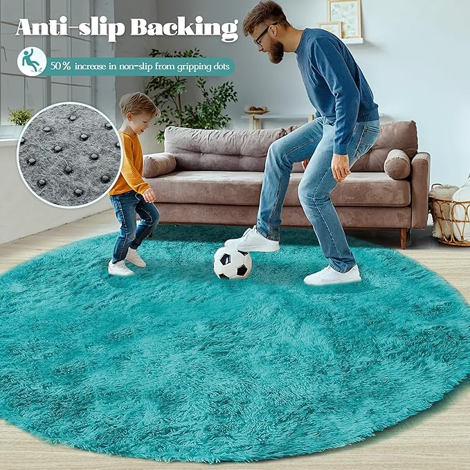 4FT Round Rug for Bedroom: Fluffy Shag Soft Washable Rugs Circle Small Fuzzy Plush Indoor Carpet for Living Room Nursery Playroom Dorm Kids Girls Boys Room (Teal Blue, 4'x4')