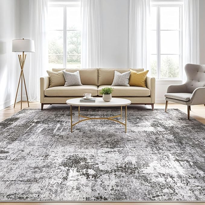 7x10 Area Rug Living Room: Washable Large Abstract Modern Soft Stain Resistant Indoor Floor Rugs Non Slip Accent Carpet for Bedroom Nursery Playroom Office Dining Room Dorm Home House- Black Grey