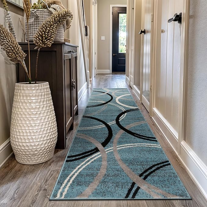 Rugshop Modern Wavy Circles Design Runner Rug 2'7" x 12' Blue