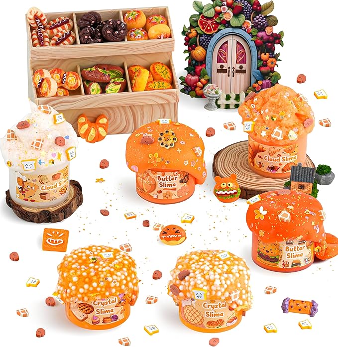6 Packs Gradient Orange Slime Kit - Cloud Slime, Butter Slime & Clear Slime, Crunchy Slime for Kids with Various Slime Add-ins, Non Stick Slime Party Favors for Girls and Boys, 360ml Kids Slime(Bread)