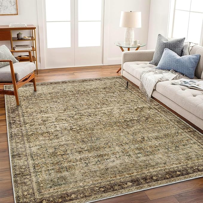 Area Rug 8x10 Washable Rug Brown Vintage Traditional Mat Distressed Indoor Foldable Thin Retro Accent Floral Non Slip Carpet Living Room Dining Room Office