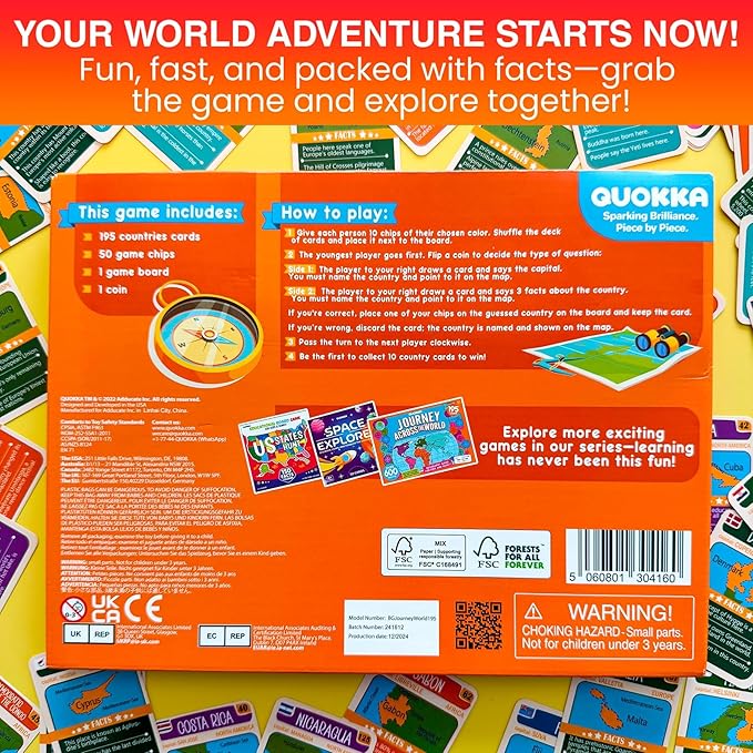 QUOKKA Board Games for Kids 8-12 - Family Games for Kids and Adults - Journey Across The World Card Game Ages 5-9 - Learn Capitals, Flags, Facts, and Map Locations with 195 World Map Cards
