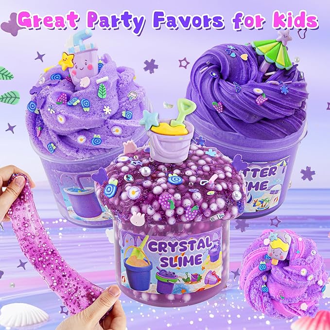 LAWOHO 6 Packs Gradient Purple Slime Kit - Cloud, Butter & Clear Slimes, Crunchy Slimes Kits for Kids with Beach Charms & Add-ins, Party Favors for Girls & Boys, 360ml Soft Non Stick Slime Making Kit