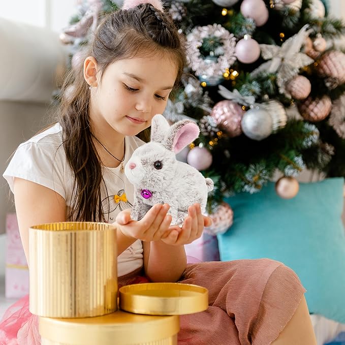 Easfan Hopping Bunny Plush Grey Jumping Spotted Rabbit Ears Nose Moving Educational Plush Toy Interactive Toy Electric for Toddlers Kids
