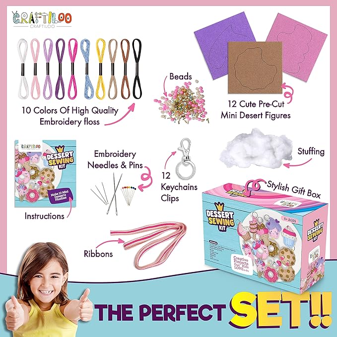 12 Pre-Cut Mini Treats Dessert Fun Kids Sewing Kit for Kids Ages 8-12 Children Beginners Sewing kit kid crafts Make Your Own Felt Pillow Plush Craft Kit Girls and Boys Art Craft Kits Learn to Sew Kit