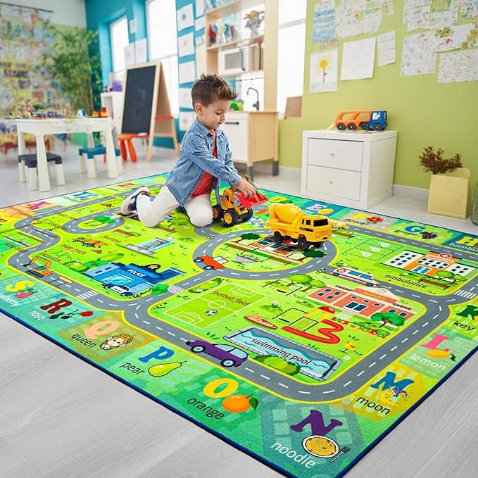 Chicrug 4x6 Car Road Area Rug for Kids Playroom Bedroom, Non Slip Low Pile Washable ABC Alphabet Carpet for Classroom, City Track Play Mat for Toddler Children Nursery Baby Room Decor, Green