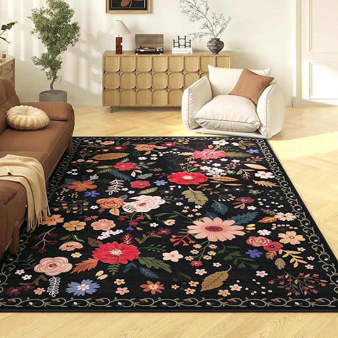 5x7 Washable Rug for Living Room, Floral Black Area Rug, Non Slip Low Pile Soft Flower Carpet, Large Rugs for Bedroom, Dining Room, Office, Kids Playroom, Nursery