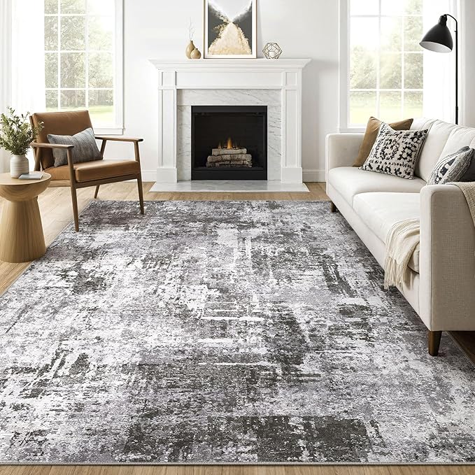 8x10 Area Rugs Living Room: Washable Large Abstract Modern Soft Rug Stain Resistant Indoor Floor Non Slip Accent Carpet for Bedroom Nursery Playroom Office Dining Room Dorm Home House- Black Grey