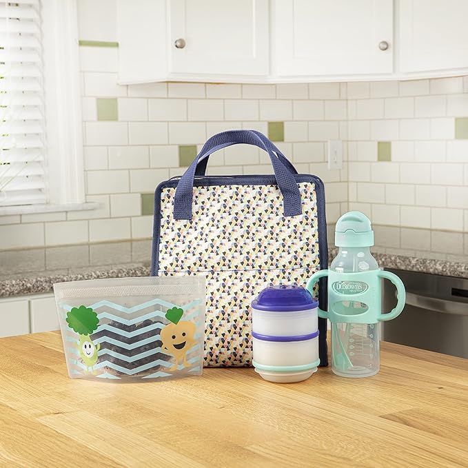 Dr. Brown's Fold & Freeze Bottle Tote, Travel Baby Bottle Insulated Cooler Bag, Store Up to 6 Baby Bottles, Geometric Multicolor, BPA Free