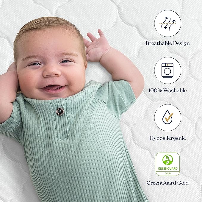 HALO DreamWeave Crib & Toddler Mattress - 100% Breathable Mattress and Core, Dual Sided 2-Stage Design, Machine Washable Cover, Hypoallergenic, Open Strand Polymer Core, Greenguard Cert.