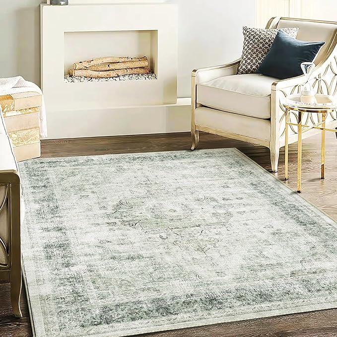 Washable Area Rug 4'x6' Floral Green Vintage Traditional Floor Cover Foldable Thin Rugs Retro Kitchen Indoor Distressed Non Slip Carpet Floral Print Mat Bedroom Living Room