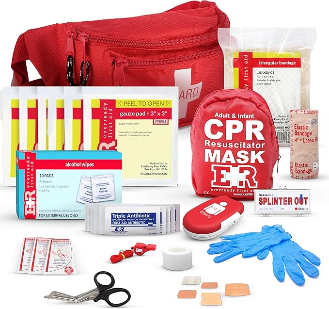 Ever Ready First Aid, Fanny Pack/Hip Pack, Fully Stocked First Aid Kit with Adult & Infant CPR Combo Masks with Beaty