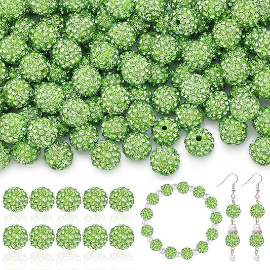 160pcs 10mm Rhinestone Beads for Jewelry Making, Light Green Shiny Round Disco Ball Beads Bulk, Sparkle Crystal Clay Christmas for Bracelet Baseball Necklace Earring Crafting and DIY