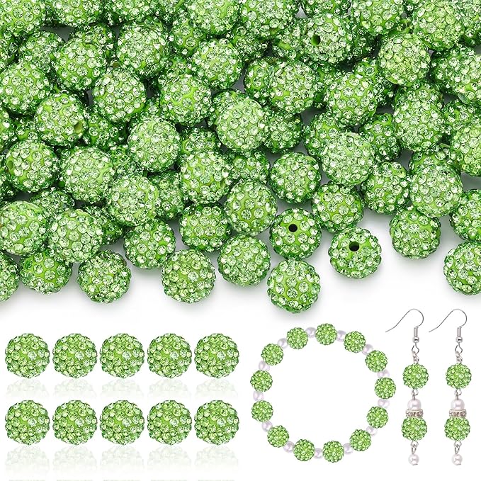 200pcs 10mm Rhinestone Beads for Jewelry Making, Light Green Shiny Round Disco Ball Beads Bulk, Sparkle Crystal Clay Christmas for Bracelet Baseball Necklace Earring Crafting and DIY
