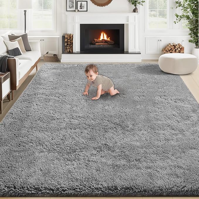 8x10 Area Rug for Living Room: Fluffy Shag Soft Washable Rugs Large Fuzzy Plush Indoor Carpet for Bedroom Nursery Playroom Kids Girls Boys Room (Grey, 8'x10')