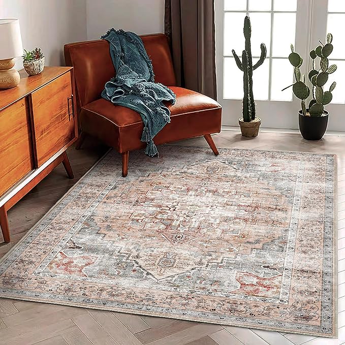 Area Rug 5'x7' Light Cyan and Light red Washable Rug Vintage Traditional Floor Cover Thin Retro Kitchen Indoor Distressed Non Slip Carpet for Living Room Bedroom Dining Room