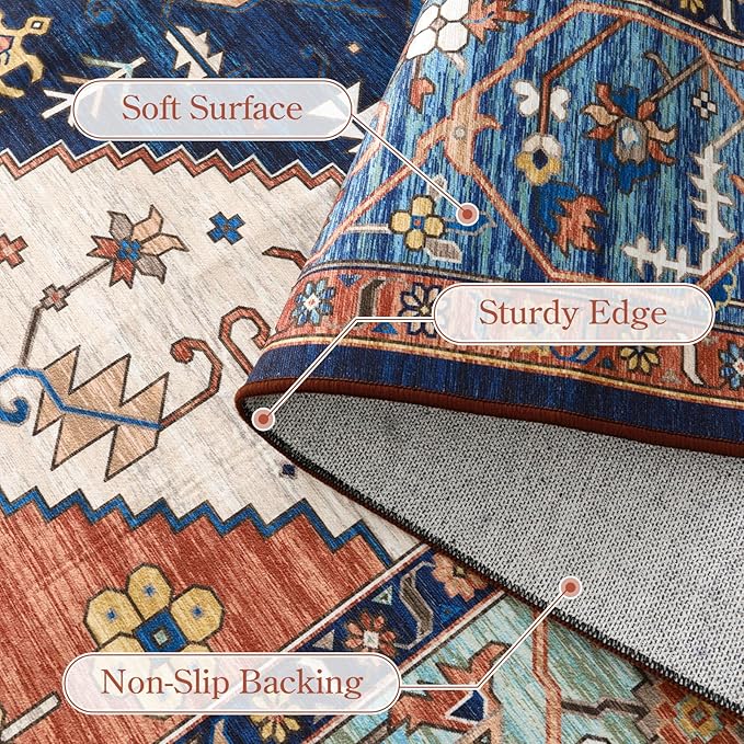 Lahome Area Rugs 9x12 Living Room - Boho Non-Slip Washable Rug Ultra-Thin Stain Resistant Large Carpet Throw Non Shedding Dining Room Mat, Oriental Print Carpet for Bedroom Guest Room (Rust, 9'x12')