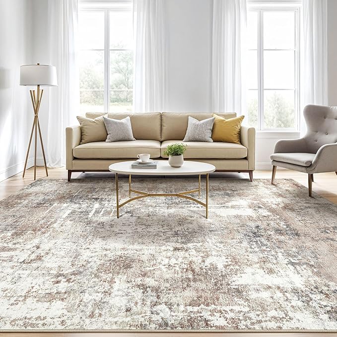 Large Area Rugs 12x15: Washable Abstract Modern Soft Rug Stain Resistant Indoor Floor Non-Slip Accent Carpet for Living Room Bedroom Nursery Playroom Dining Room Office Dorm Home House- Brown