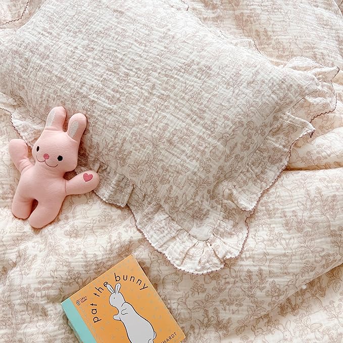 BuLuTu Muslin Cotton Pillowcase King Pillow Cover for Kids Adults Cute Rabbits Flower Pattern Pillowcases with Envelope Closure, 20x36 inch, 1 Piece, Forest, Machine Washable