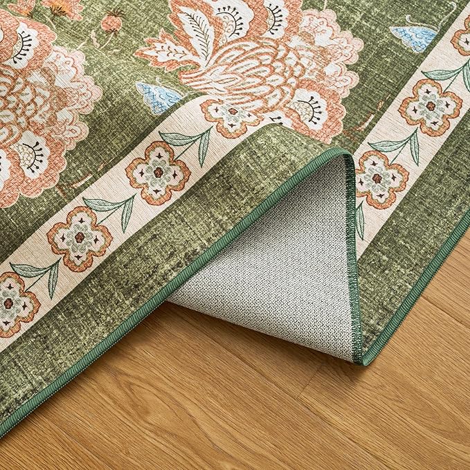 jinchan 2x3 Floral Rug for Entryway Washable Kitchen Rug Vintage Romance Design Small Mat Non Slip Indoor Doormat Lightweight Low-Profile Throw Carpet for Entrance Bathroom Laundry Room, Green