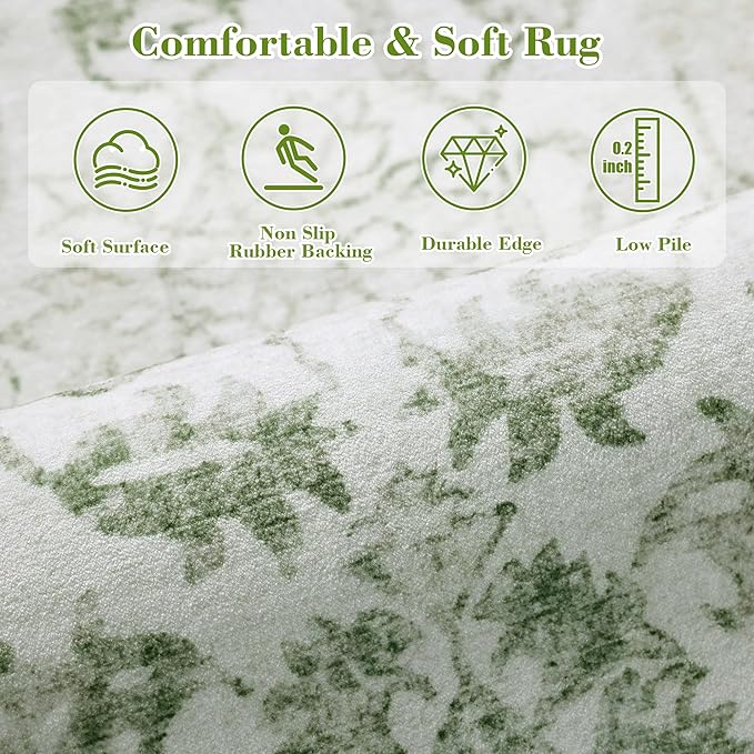 Sage 3x12 Runner Rug for Hallways Bed Side Kitchen, Boho Washable Distressed Low-Pile Floor Entryway Long Bathroom Mat, Non-Slip Laundry Room Washstand Front Carpet 36x144 Inch