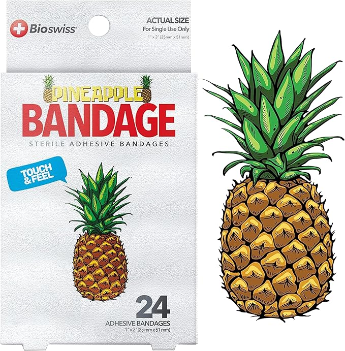 BioSwiss Bandages, Pineapple Shaped Self Adhesive Bandage, Latex Free Sterile Wound Care, Fun First Aid Kit Supplies for Kids, 24 Count