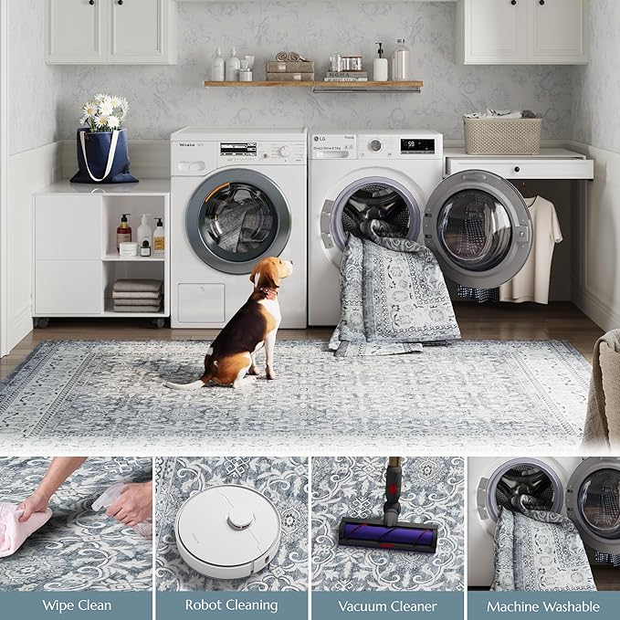 jinchan Hallway Runner Rug 3x10 - Machine Washable Grey Vintage Floral Distressed Design Soft Non-Slip Low-Pile Ultra-Thin Runner Rug for Kitchen Laundry Room Bedroom Farmhouse (3‘x10',Grey)