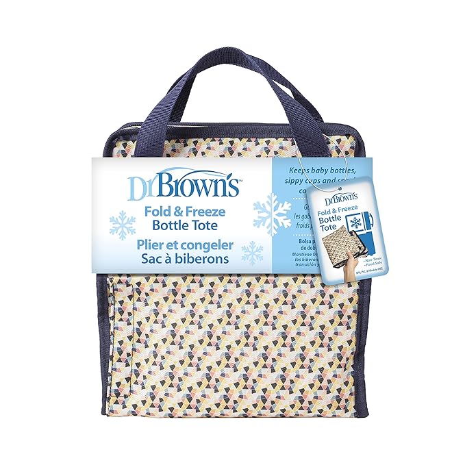 Dr. Brown's Fold & Freeze Bottle Tote, Travel Baby Bottle Insulated Cooler Bag, Store Up to 6 Baby Bottles, Geometric Multicolor, BPA Free