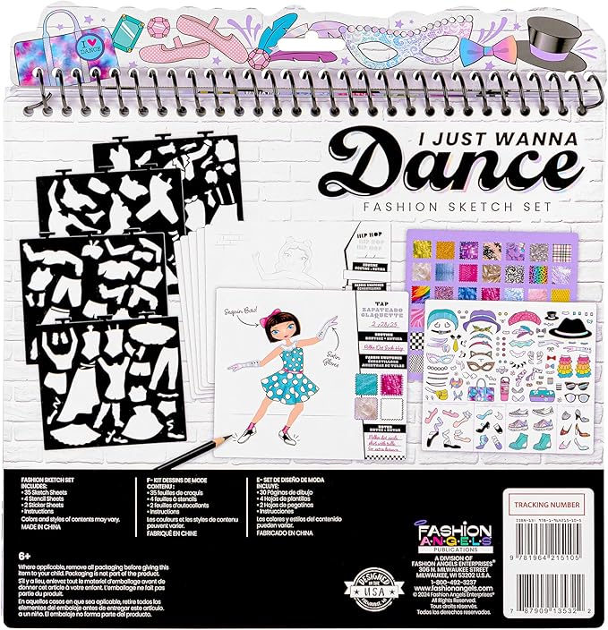 Fashion Angels I Just Wanna Dance Fashion Sketch Set, Create Dance-Themed Outfits with 35 Sketch Pages, 100+ Stickers & Stencils, Fun Craft Kit for Kids