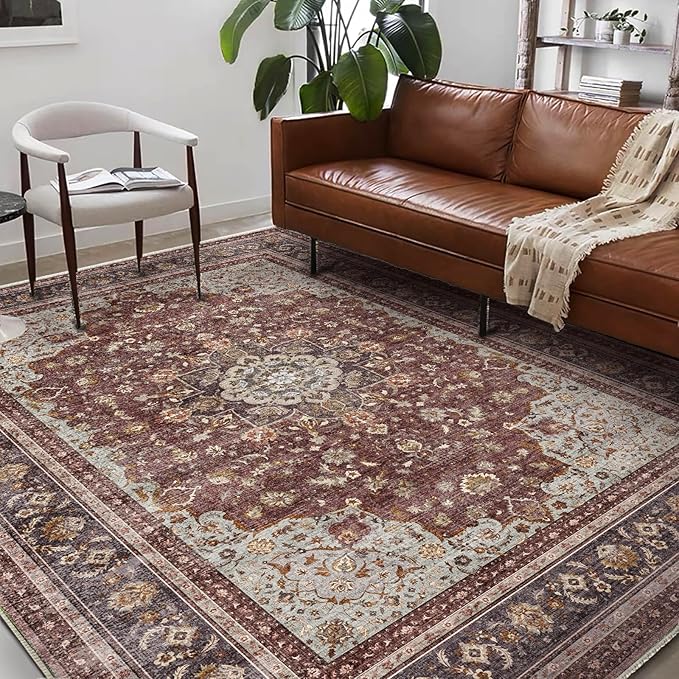 Washable Area Rug 9'x12' Retro Boho Design Non-Shedding Easy Care Ideal for High Traffic Areas in Living Room Bedroom Office Coffee Table Kitchen Large Carpet