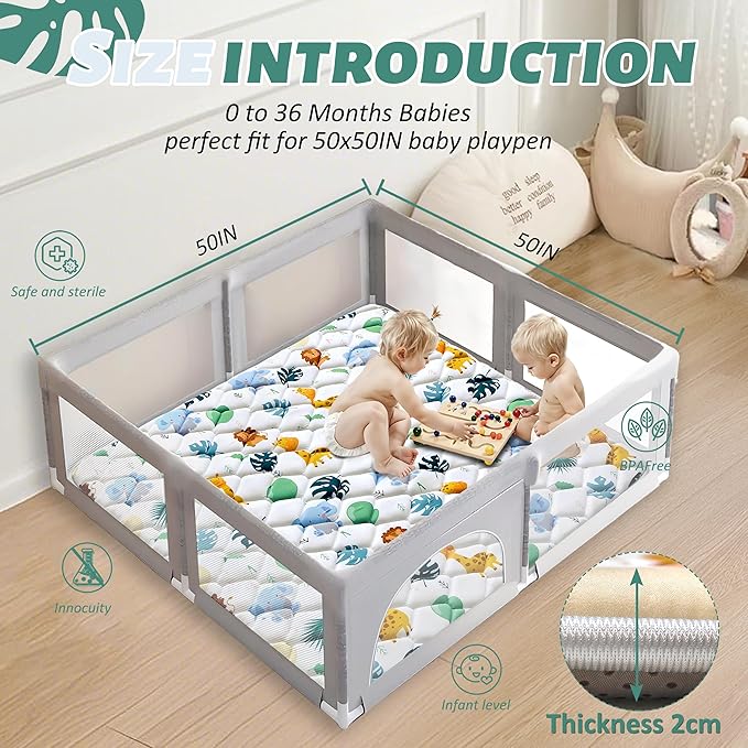 Baby Play Mats for Floor, 50x50 Playpen Mat for Babies, Extra Thicker & Soft Floor Crawling Mat, Foldable Non-Slip Playmat Cushioned for Infants Toddlers, Cute Animal Design
