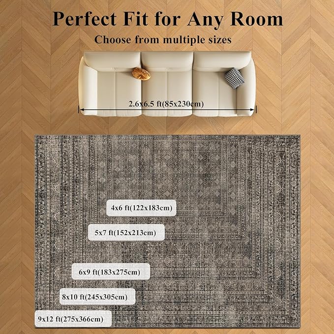 Washable 6x9 Area Rug for Living Room, Carpet for Bedroom Dining Room, Non Slip&Non-Shedding Resistant Low Pile Vintage Print Rug for Home Office (Brown)